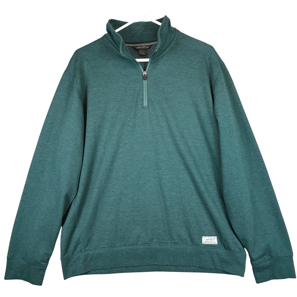 Eddie Bauer Mens Large Green Heathered Quarter Zip Fleece Pullover Sweater